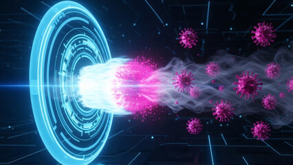 Futuristic Technology Fighting Virus. A digital portal emits a powerful energy beam to repel and neutralize viral pathogens, symbolizing advanced defense and innovation