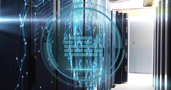 Blue network hologram pulsing across racks initiating rotating HUD firewall icon securing servers
