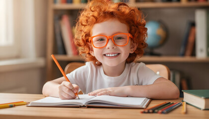 Cheerful Ginger Child Engaged in Educational Pursuits, Writing in Notebook at Desk with Bookshelves Backdrop, Embodying Joy, Learning, & Creative Expression at School