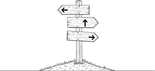 A directional signpost with multiple arrows pointing different ways on a simple landscape © alfa