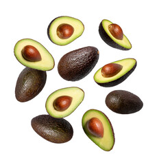 Falling whole and sliced Hass avocados with seed