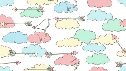 Playful pastel clouds and arrows pattern design.