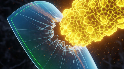 Microscopic view of a foreign object impacting and shattering a transparent barrier, revealing cellular structures within