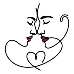Obraz premium Romantic Continuous Line Drawing of Two Faces and Heart Icon, Transparent Cut out Illustration Isolated on transparent background