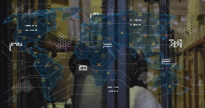 On map outline fading in over forklift, data icons clustering and connecting to show global network