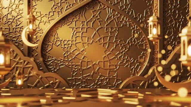 Golden 4k video of lanterns and crescent moon on textured wall with particles