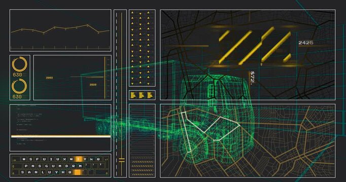 On startup 3D wireframe truck rotating while HUD panels appearing showing diagnostics and metrics