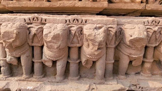 Vadnagar, Gujarat, India ancient Kirti Toran stone pillar carvings showing detailed historic sculpture and craftsmanship, representing Indian heritage, archaeology, culture, and temple era architectur