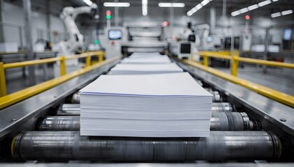 Precision Paper Production: A Stack of White Sheets on a Conveyor Belt in a Modern Factory for Printing, Packaging, and Streamlined Manufacturing Processes, Automated
