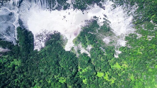 Drone view of Tangkuban Perahu volcanic crater in Bandung, Indonesia 