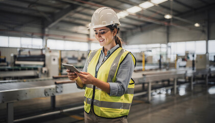 Female Engineer in Factory Uses Tablet for Quality Control and Inspection, Wearing Hard Hat and Safety Vest with Conveyor Belt Background in Modern Industrial Setting