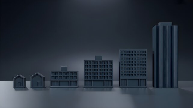 Row of buildings from small house to tall skyscraper representing company size and growth stage in dark minimalist style.