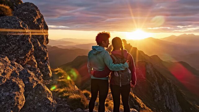 Two female hikers standing on a mountain summit at sunset. Friends embracing and pointing at the horizon during golden hour. Achievement and exploration in nature