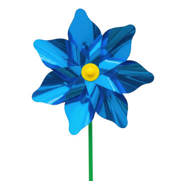 Blue pinwheel flower on a green stem, shiny and reflective, isolated on transparent background