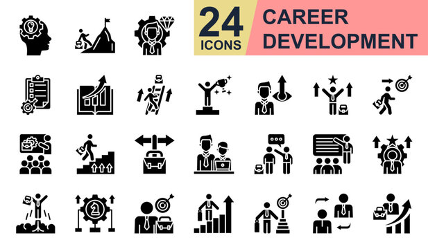Career Development Icons set vector illustration. Containing Skill Development, Career Path, Talent Management, Job Promotion, Mentor and more. Simple glyph icons collection.