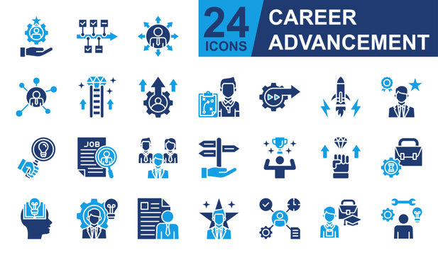 Career Advancement Icons set vector illustration. Containing Skill, Career Opportunity, Work Experience, Motivation, Internship and more. Simple solid icons collection.
