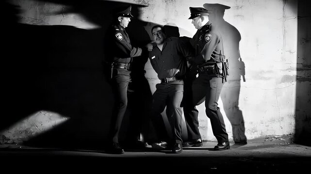 Police Officers Arresting a Suspect in a Dark Alley.