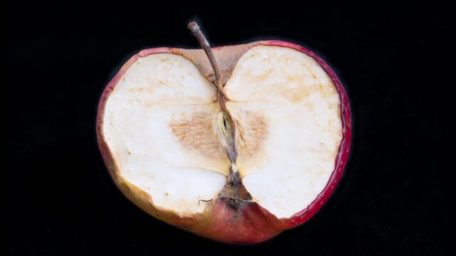 Decay of apple, Closeup of rotting apple surface, Detailed view of apple decay and drying process, Highcontrast macro photograph capturing decay and shrinking of apple flesh