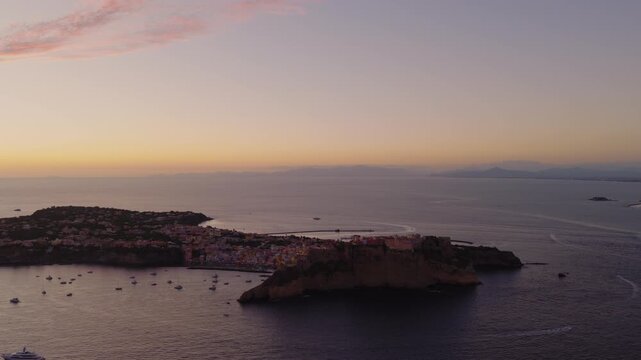 Sunset Scenery Over Procida Island In Italy - Aerial Shot