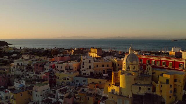 Colorful Architecture Of Procida At Sunset In Italy - Drone Shot