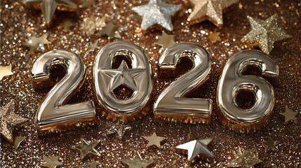 A metal font design featuring the year in gold steel letters creates a business finance concept symbol for the new year