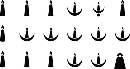 Candle icon silhouette illustration, black flame vector, spiritual symbol set, glowing candle clipart, decorative shapes, SVG design elements