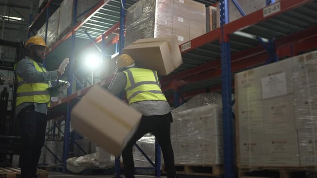 Logistics employees are working and accident at warehouse. Labor and logistics.