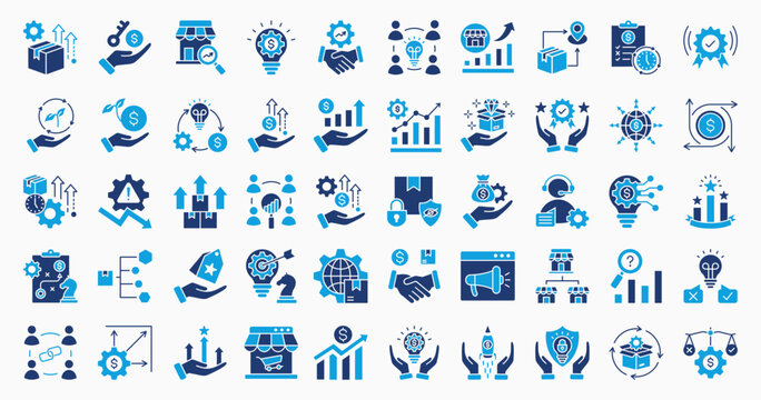 Business Opportunities icon set collection flat blue style. Containing product development, innovation, investment, partnership, sustainability, market research, strategy and growth icon. 