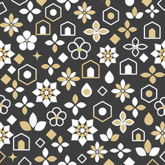 北欧モロッカン調 フラワー＆幾何学タイル柄背景（ブラック）ー ブラックを背景に、北欧とモロッカン調を融合した花と幾何学模様の上品なシームレスパターン。デザインペーパー、ポストカード、マスキングテープ、マスキングシールブックタイプ、フレークシール、ノートの表紙、ハンカチ、ミニタオル、箸、マグカップ、皿、キッチンクロス、カラトリー、キッチン雑貨、ボールペン、ペンケース、ポーチに最適。