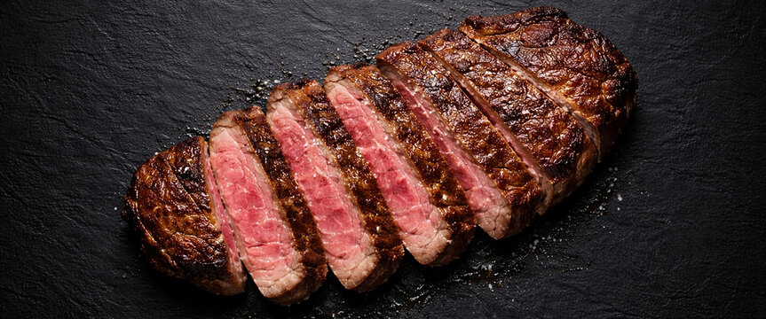 Slices of Medium Rare Wagyu A5 Beef Steak on Black Slate Background