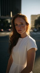 Fototapeta premium A red-haired woman in white dress stands in cityscape, illuminated by sunset, evoking a serene and contemplative mood.