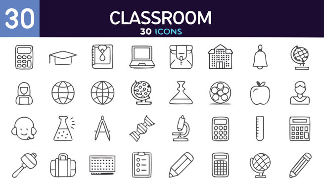 Professional black and white vector set of 30 classroom icons for education and learning resources