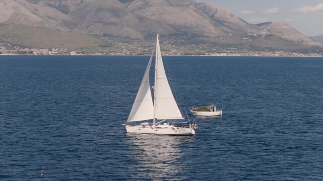 Sailboat Cruising In Mediterranean Sea, Gaeta, Italy - Drone Shot