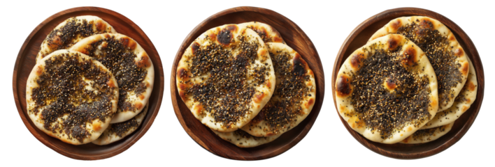 Set of Manakish freshly baked round Turkish flatbread with za'atar, cheese or minced meat isolated on white background