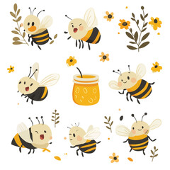 Fototapeta premium Cute Bees and Honey Jar Illustrations for Kids