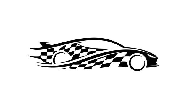 Speeding Race Car Silhouette with Checkered Flag Pattern.