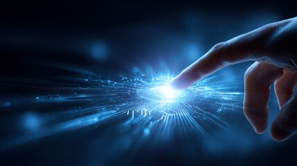 Human hand touching glowing digital interface with blue neon circuit lines