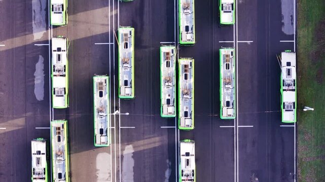 Trolleybus parking area, aerial top down view
