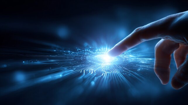 Human hand touching glowing digital interface with blue neon circuit lines