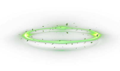 Green neon ring. Cool air twirl and swirl effect with flying mint leavesFresh wind swirls with green leaves and glitter and neon green lines  . Abstract light lines of motion and speed. PNG