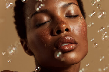 Perfect attractive beauty black skin female woman model closed eye showcasing eyebrows and eyelashes, elegant make-up cosmetic background.