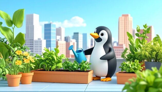 Charming 3D cartoon penguin diligently tending to a vibrant rooftop urban garden. This eco-friendly character is shown planting fresh green vegetables in modern wooden crates
