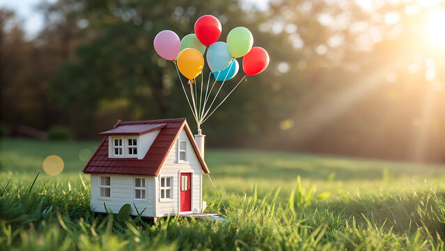 Miniature White House with Red Roof and Balloons in Green Field