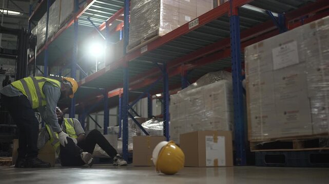 Logistics employees are working and accident at warehouse. Labor and logistics.