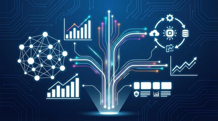 Artificial intelligence data processing and analysis concept with digital tree and futuristic technology icons for business intelligence,automation,and innovation
