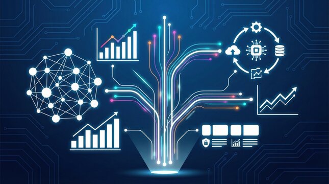 Artificial intelligence data processing and analysis concept with digital tree and futuristic technology icons for business intelligence,automation,and innovation - Powered by Adobe