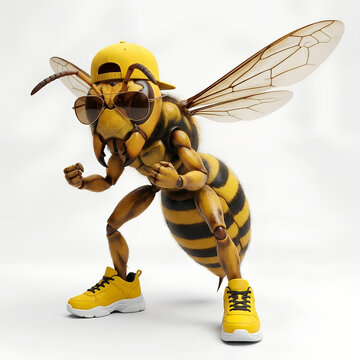 Illustration 3D semi-r&eacute;aliste d'un frelon anthropomorphe muscl&eacute; en posture de combat, portant des lunettes de soleil d'aviateur, une casquette jaune et des baskets assorties sur fond blanc