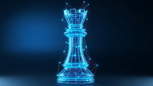 Strategic Business Thinking Concept with a Blue Glowing Wireframe Chess Rook Piece Representing AI Tactics
