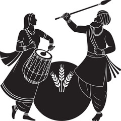 Celebrating vaisakhi a depiction of punjabi folk dancers with traditional instruments and wheat sheaves