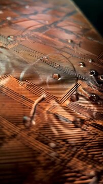 A close-up view reveals a textured, copper-toned surface with a network of lines and droplets